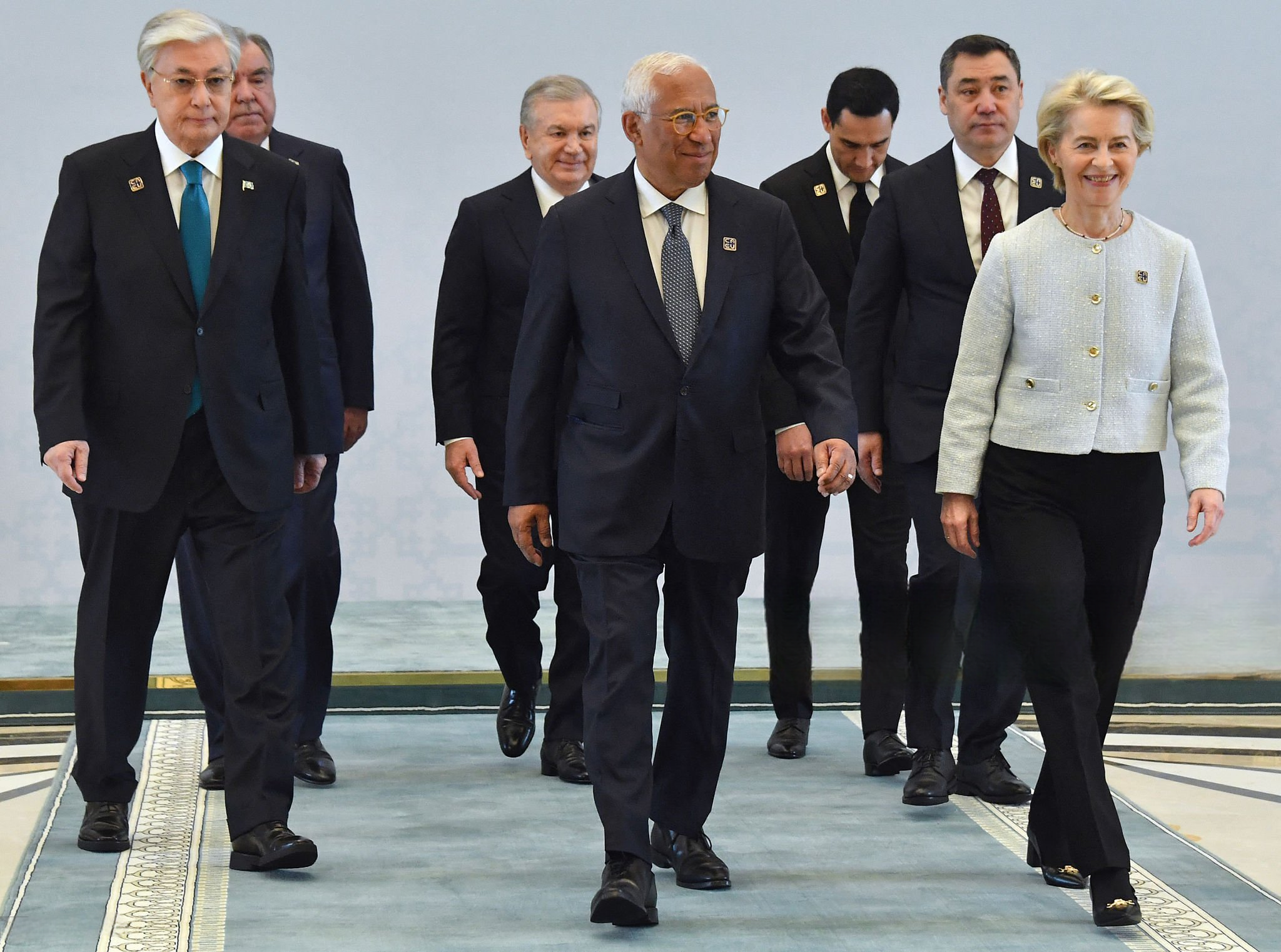 European Commission President Ursula von der Leyen and European Council President Antonio Costa arrive to attend a meeting in Samarkand on April 4, 2025, during the EU-Central Asia summit.